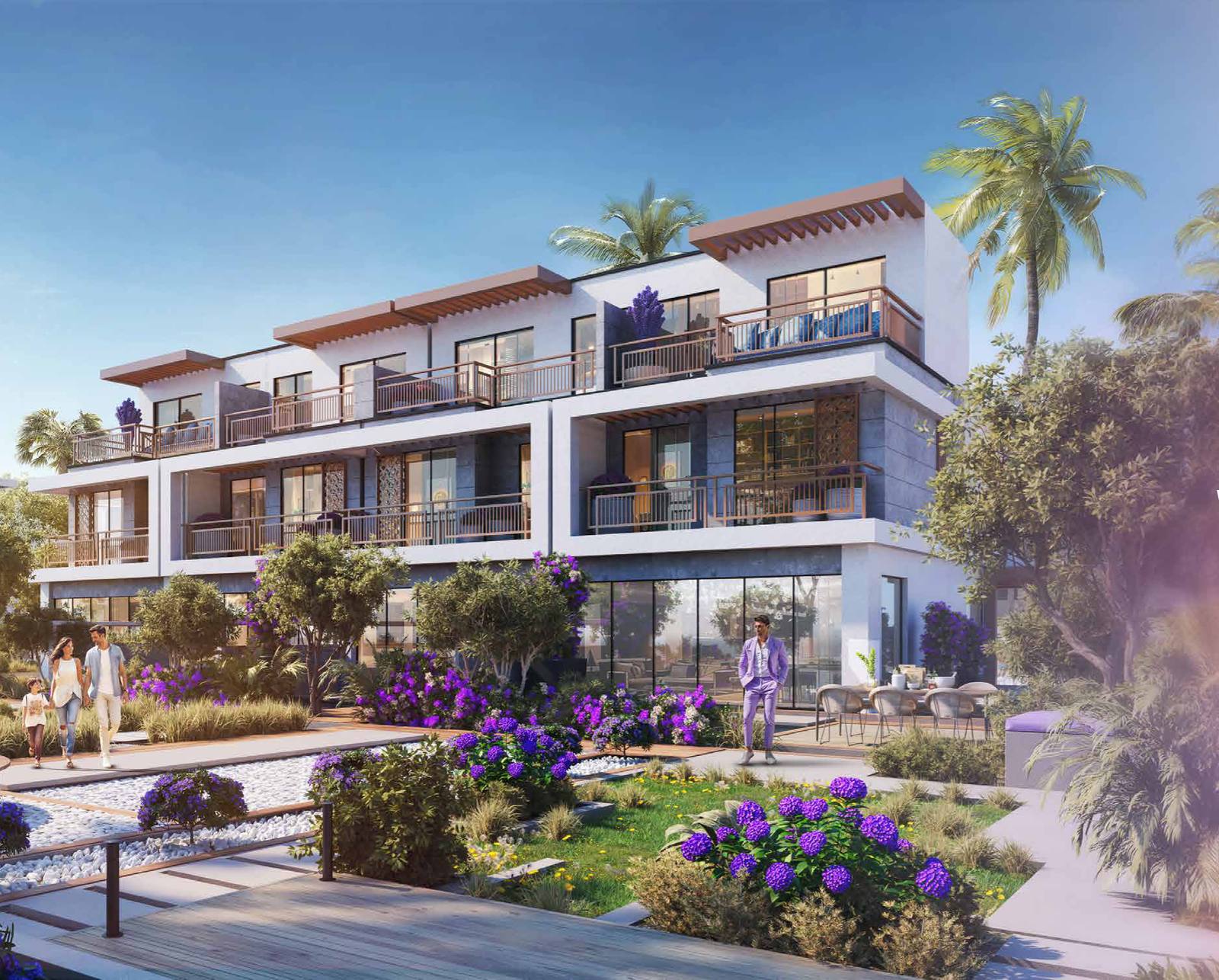 Violet 4 townhouses at DAMAC Hills 2 with landscaped gardens